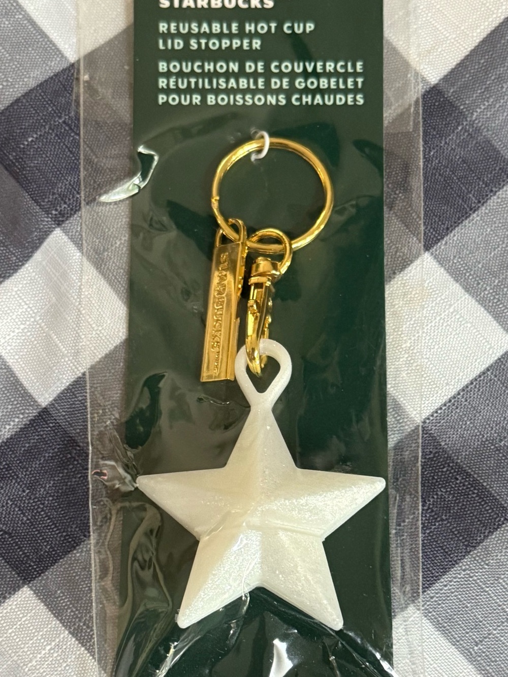 Starbucks White Star Keychain Lid Stopper with Gold Hardware